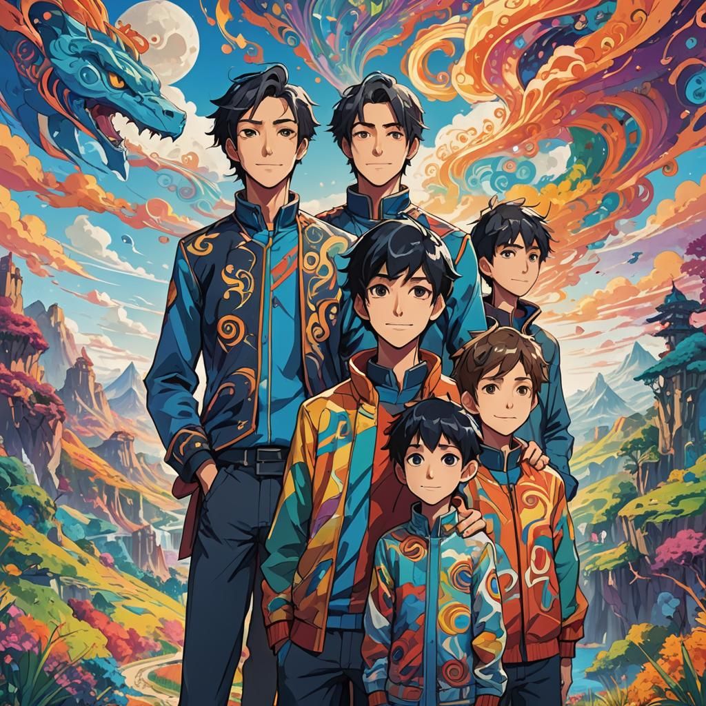 Father and Sons in Superflat Pop Art Style