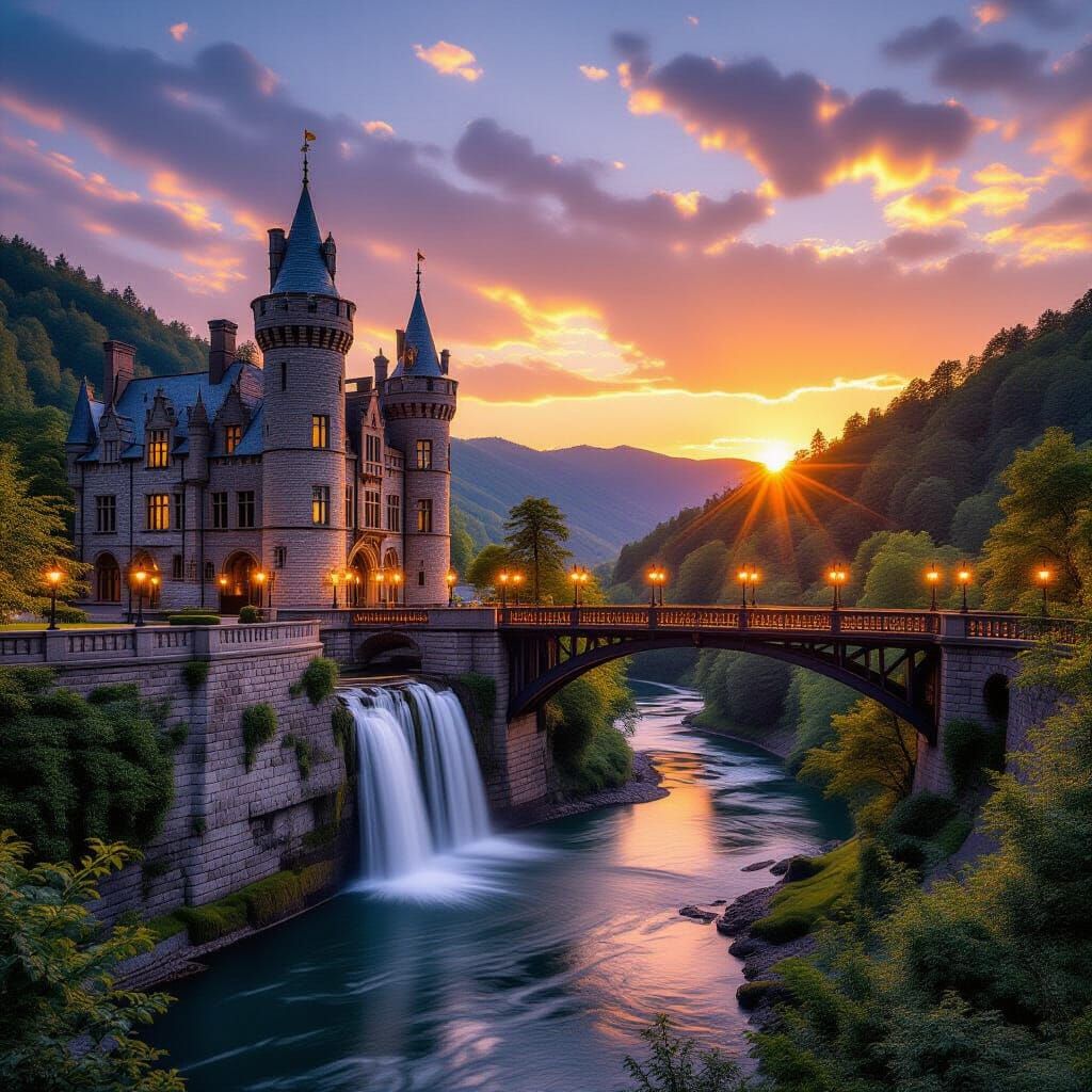 Majestic Castle and Waterfall at Sunset
