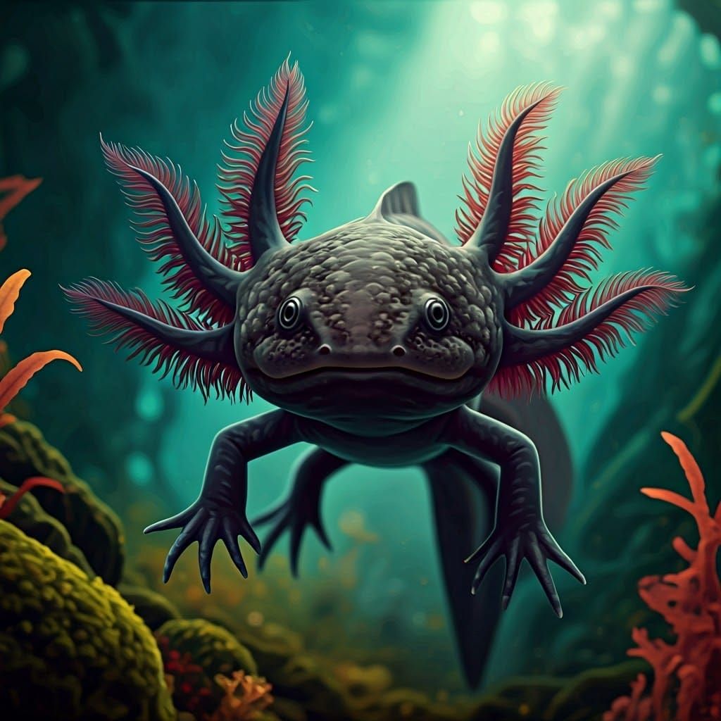 Majestic Black Axolotl in Dreamlike Setting