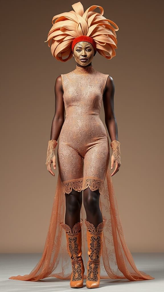 Runway Model in Lace Ensemble with Lace Mask