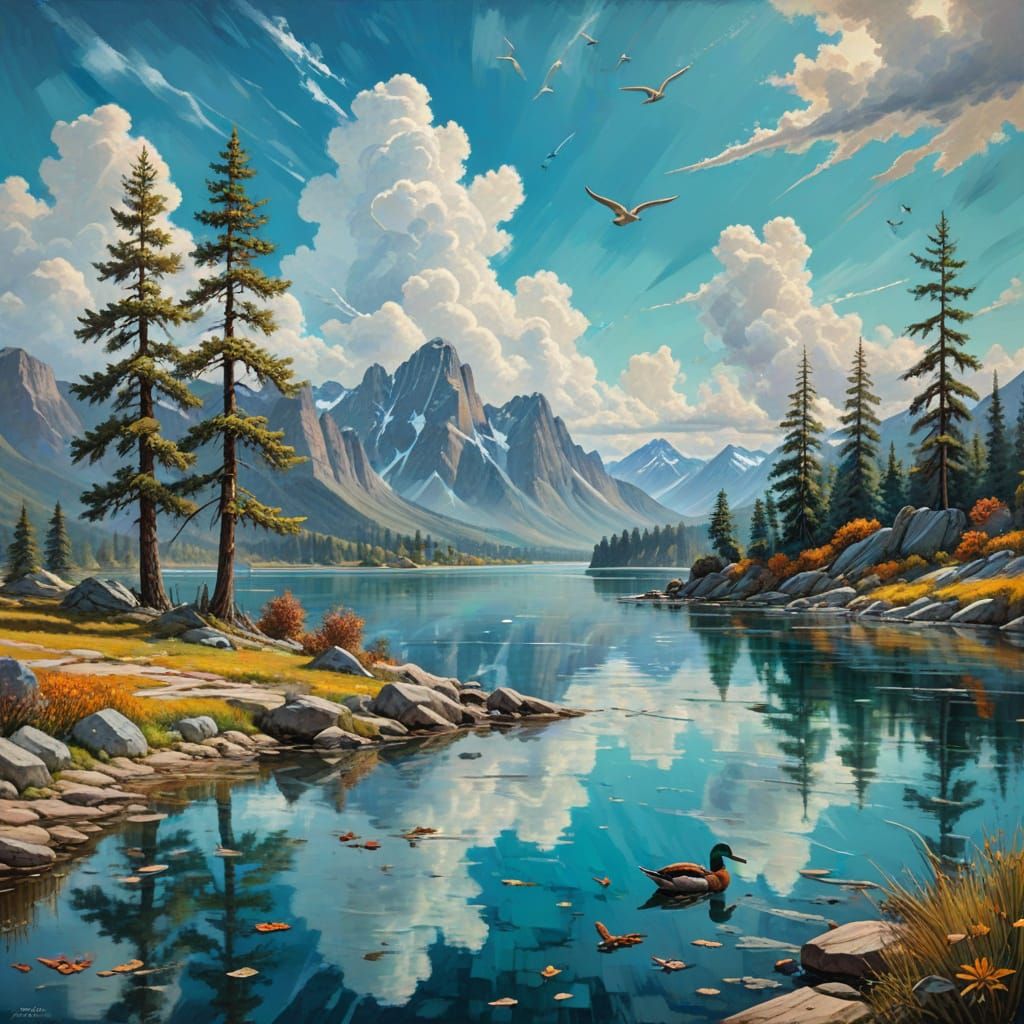 Naïve Folk Art Collage of Lakeside Scene