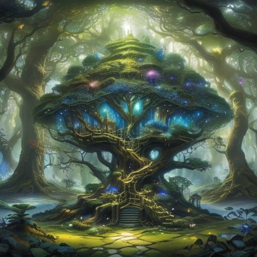 Whimsical Treehouse on Floating Island in Azure Sea