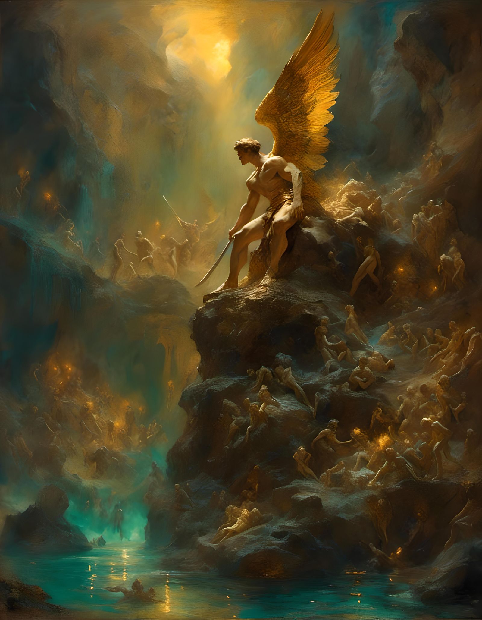 Classical God in Dark Grotto, Oil Painting