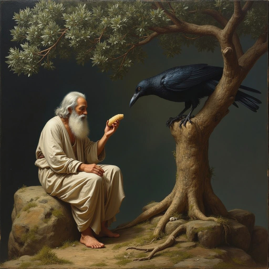 Biblical Prophet Elijah Receives Bread from Raven