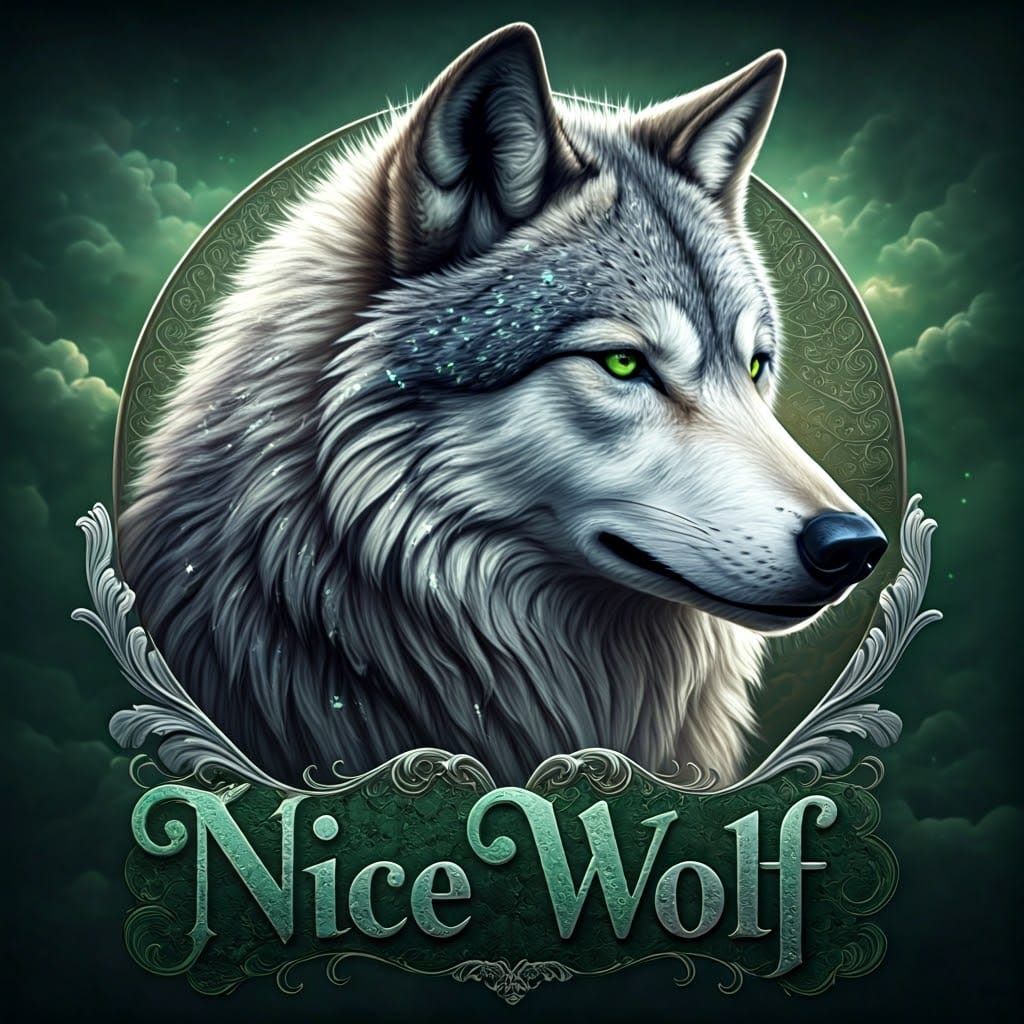 A majestic regal GRAY AND WHITE wolf, in 3/4 profile, with piercing GREEN eyes and sumptuous, velvety fur, adorned with ...