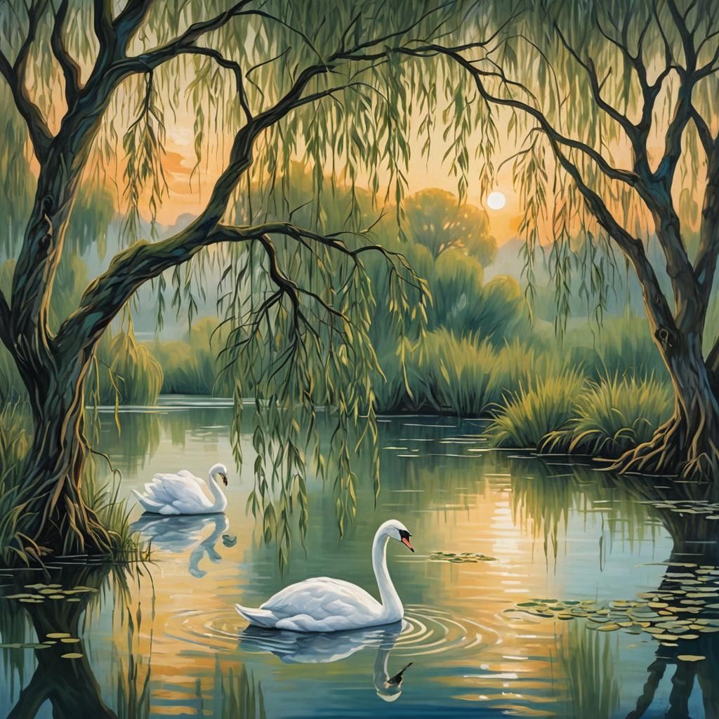 Swan and Willow in Folk Art Style