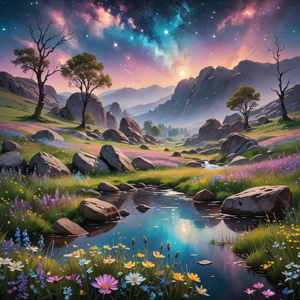 Enchanted Stream Landscape in Pastel Colors