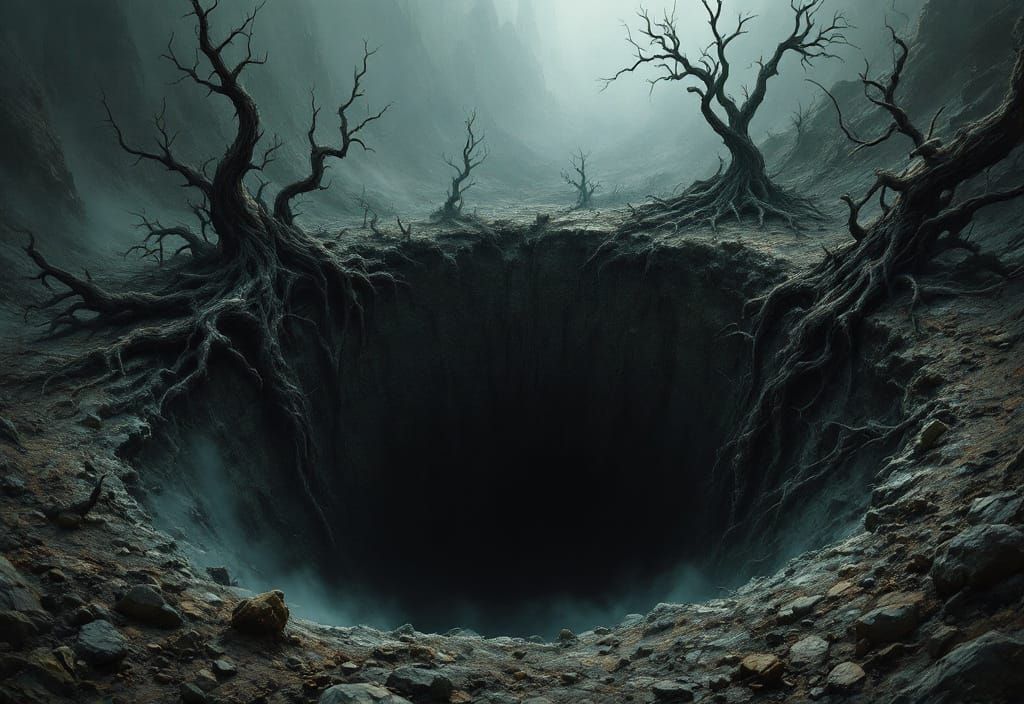 Bottomless Hole with Twisted Roots in Matte Painting Style