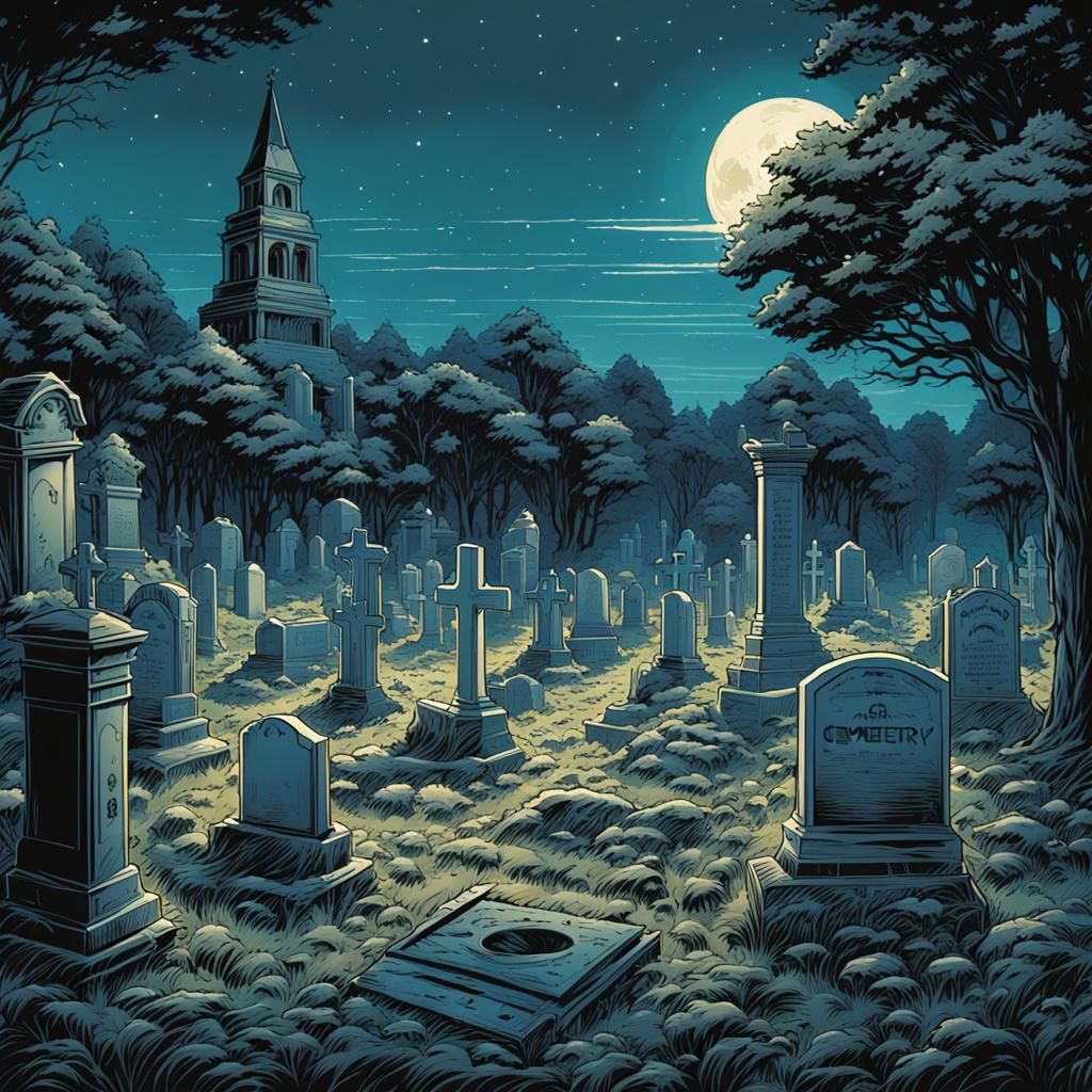 Cemetery Scene in Comic Book Art Style