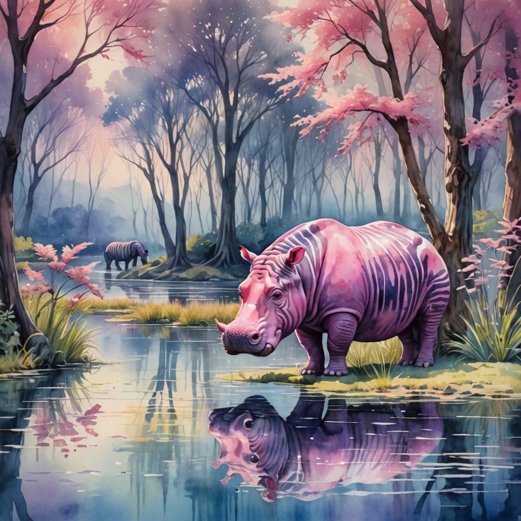Pink Zebra-Striped Hippo in Watercolor Fantasy Art
