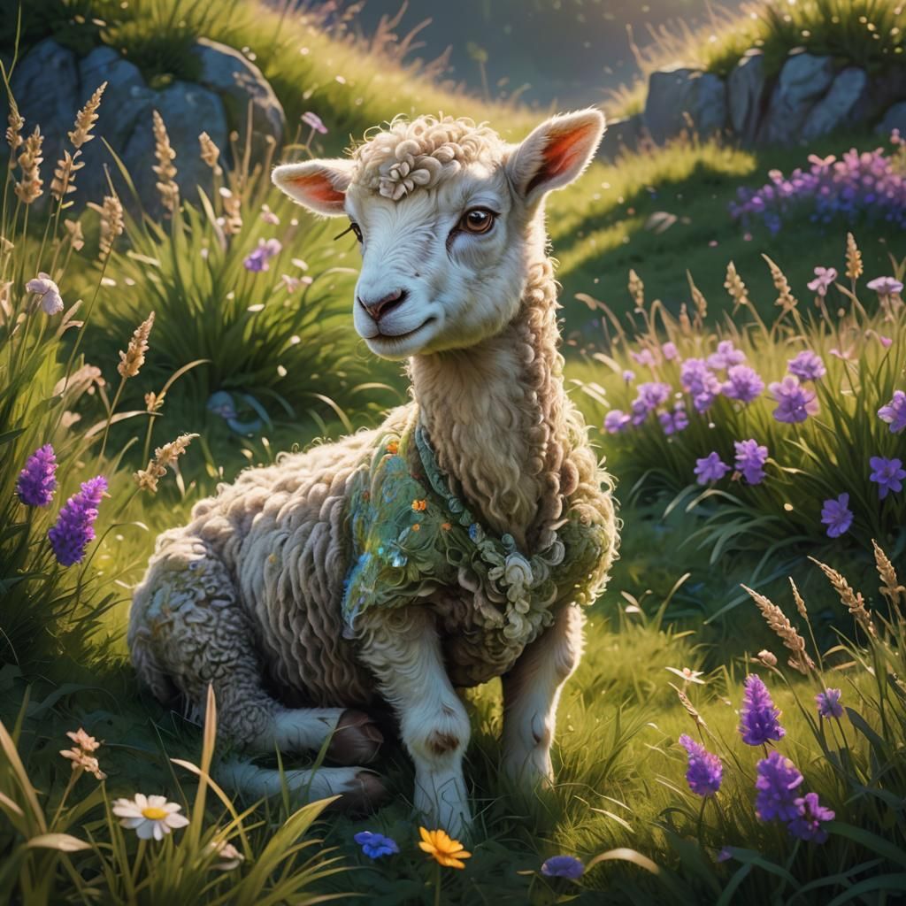Whimsical Lamb in a Lush Fantasy Meadow