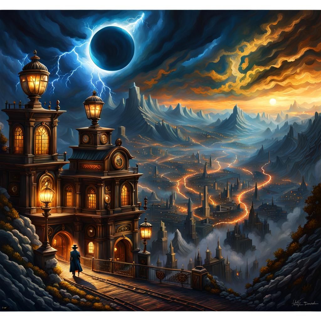 Steampunk Wanderer Under Ominous Solar Eclipse