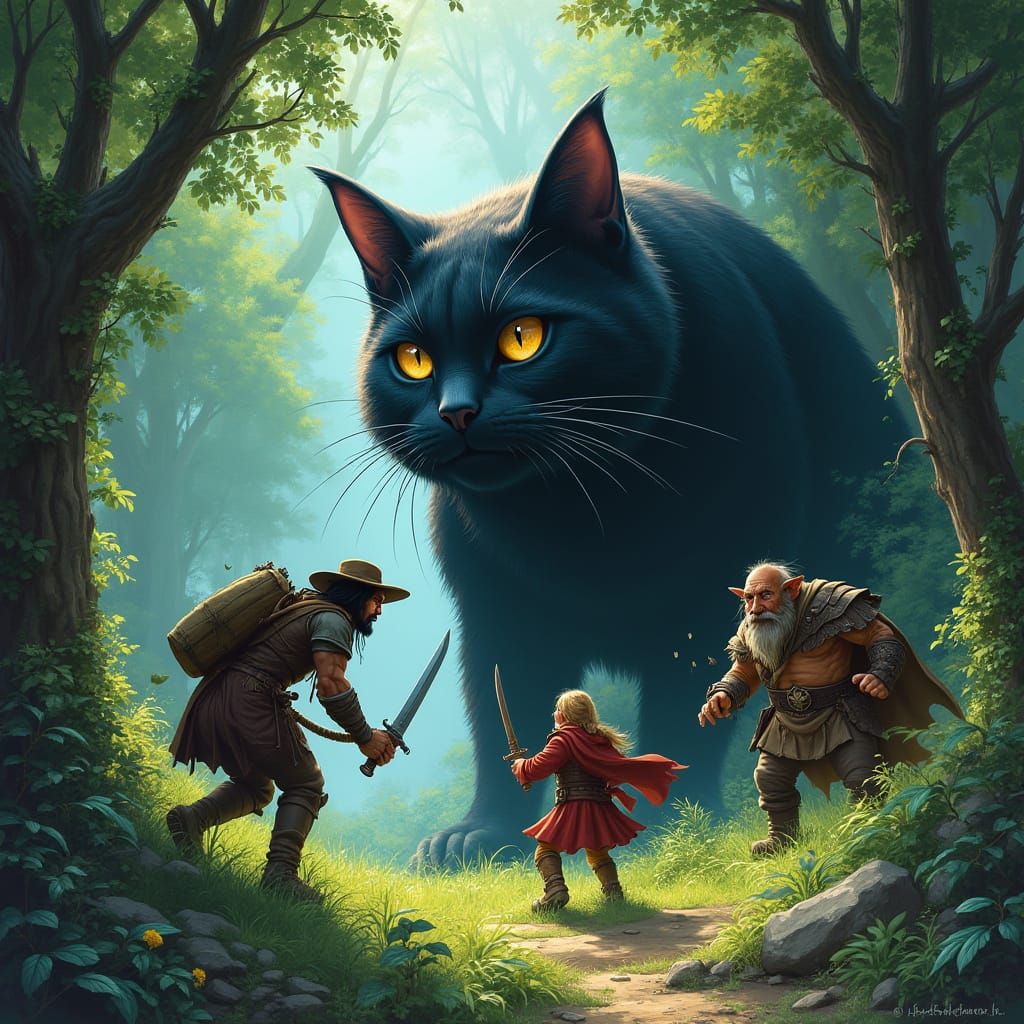 Fantasy Heroes Ambush a Majestic Black Feline in a Verdant G...