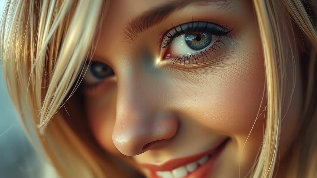 Blonde Woman's Alluring Smile in Retrofuturist Style