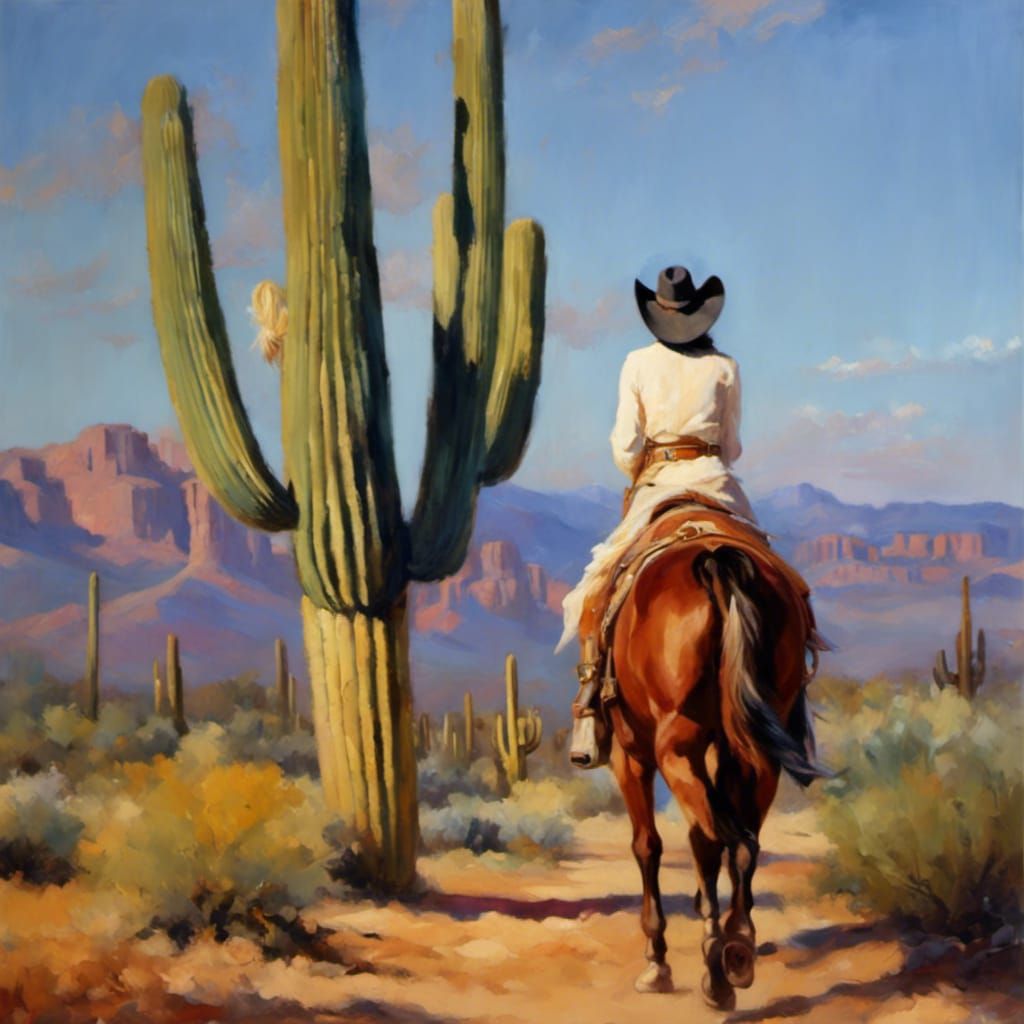 Cowgirl and Horse in Arizona Desert Oil Painting