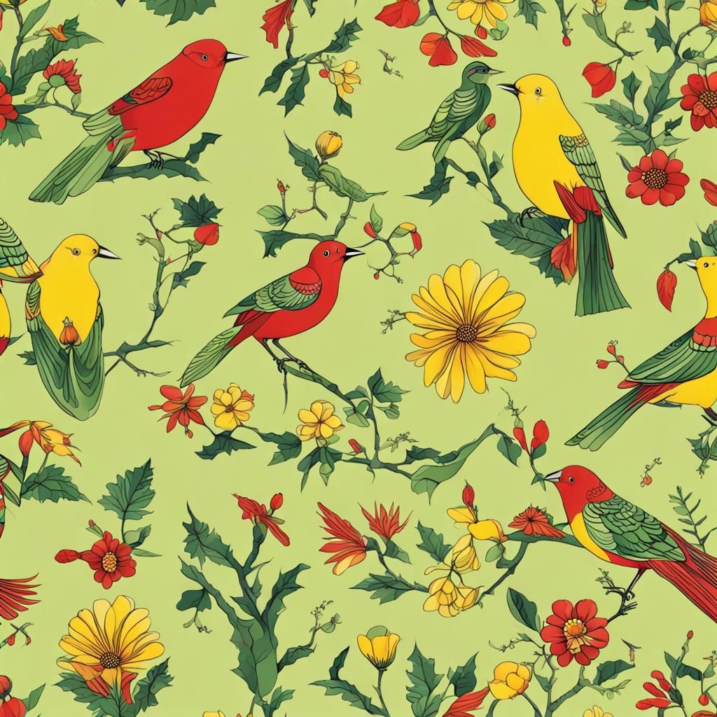 Floral and Bird Pattern in Vibrant Colors