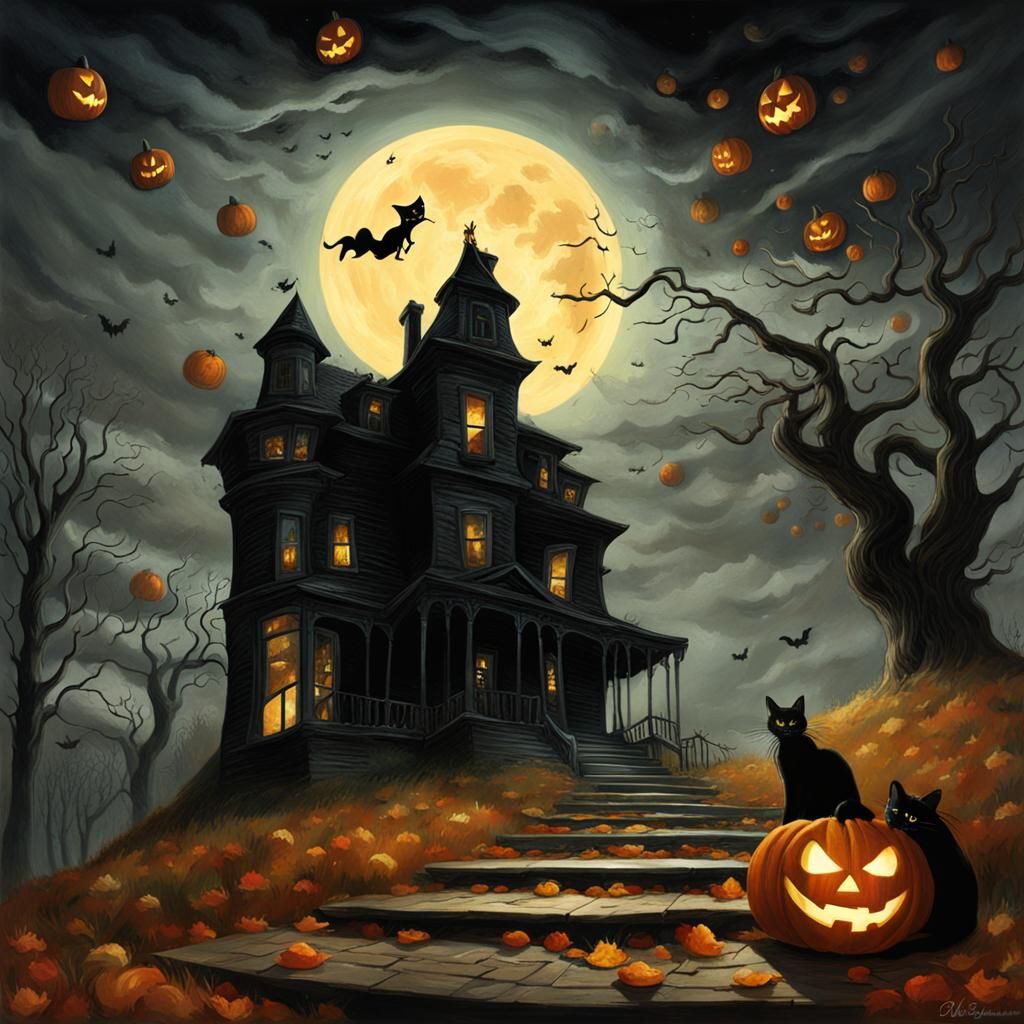 Haunted House with Witch in the Style of Doré