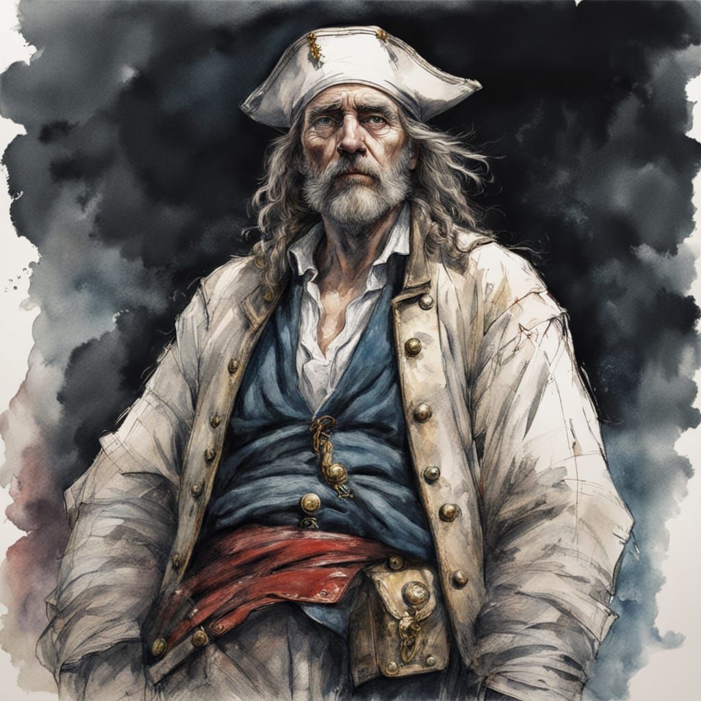 Pirate Captain Gazes at Stormy Sea in Dramatic Chalk Art