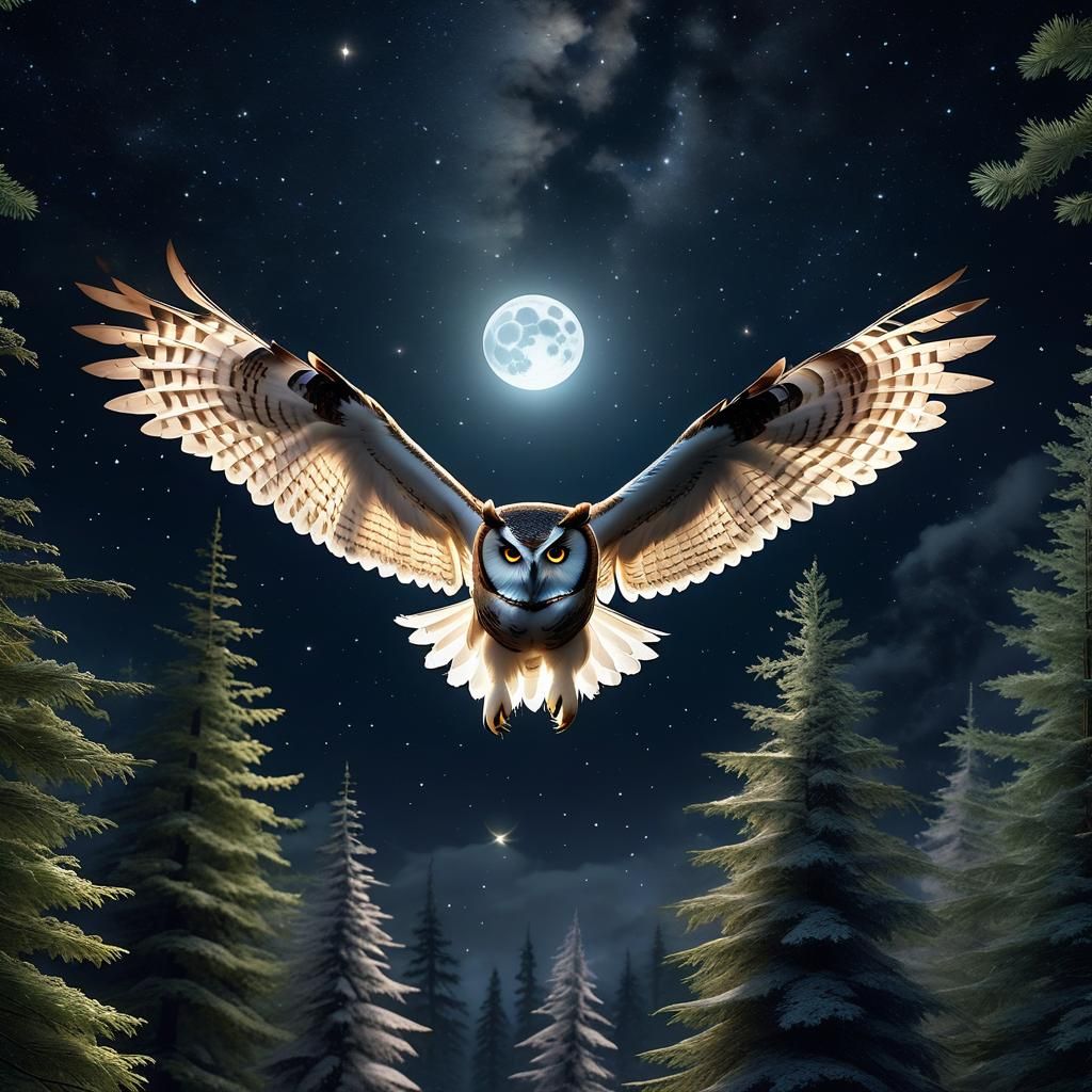 Majestic Owl Soaring Under Cosmic Moonlight