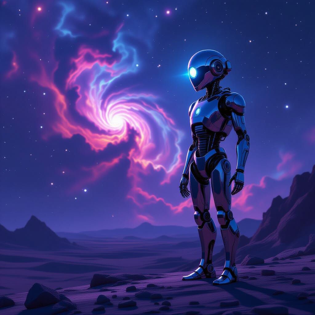 Chrome Automaton on Alien Planet Overlooking Nebula