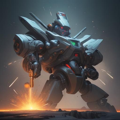 Hyperrealistic Robot with Gun in Cel Shaded Explosion