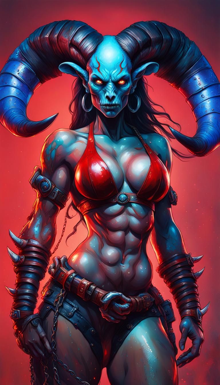 Hyperrealistic Female Monster with Ram Horns and Tattoos