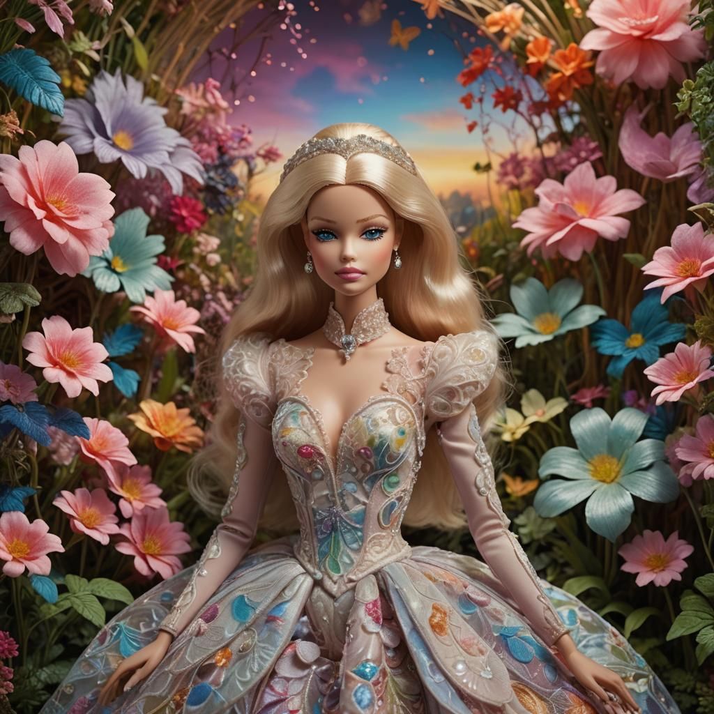 Ethereal Kiss in Iridescent Garden, Dreamlike Digital Art