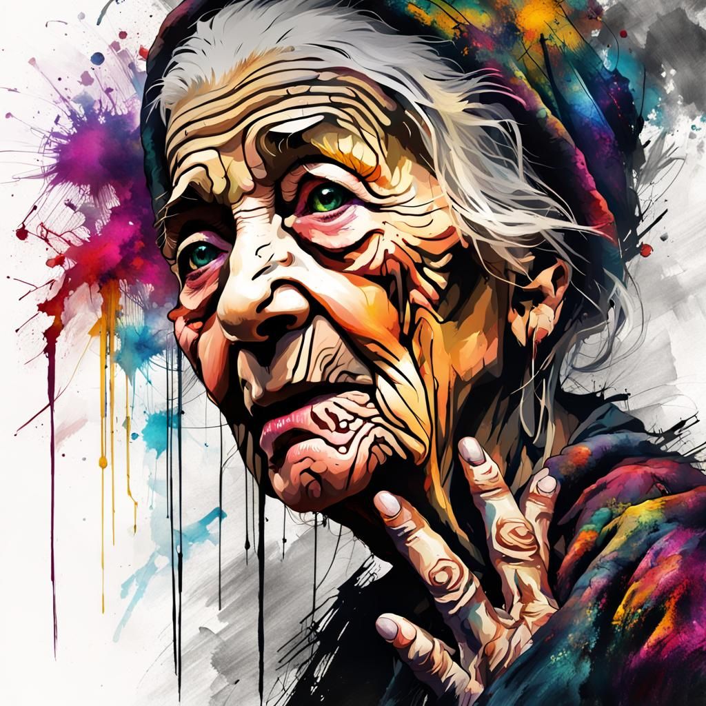 Dramatic Old Woman with Seven Legs in Dark Fantasy