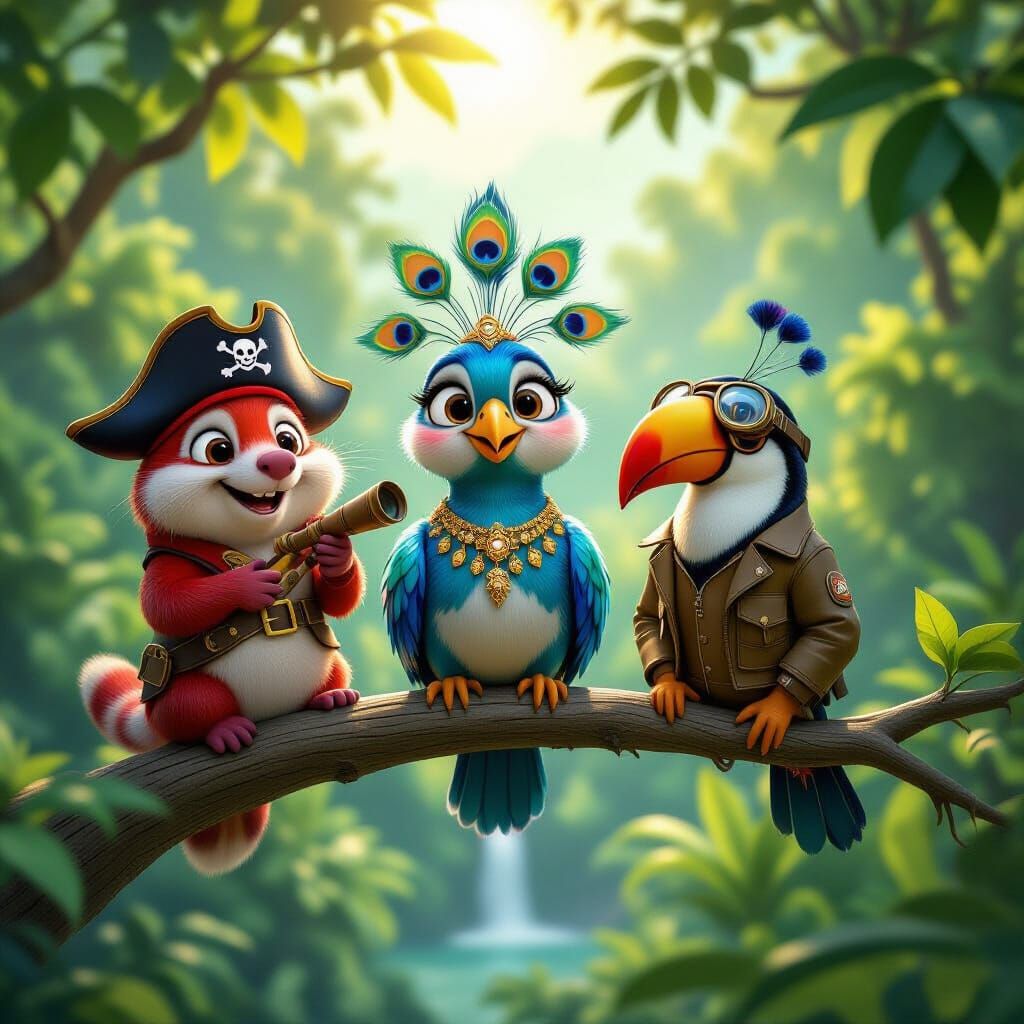 Whimsical Pixar Moles, Peacock, and Toucan in Rainforest