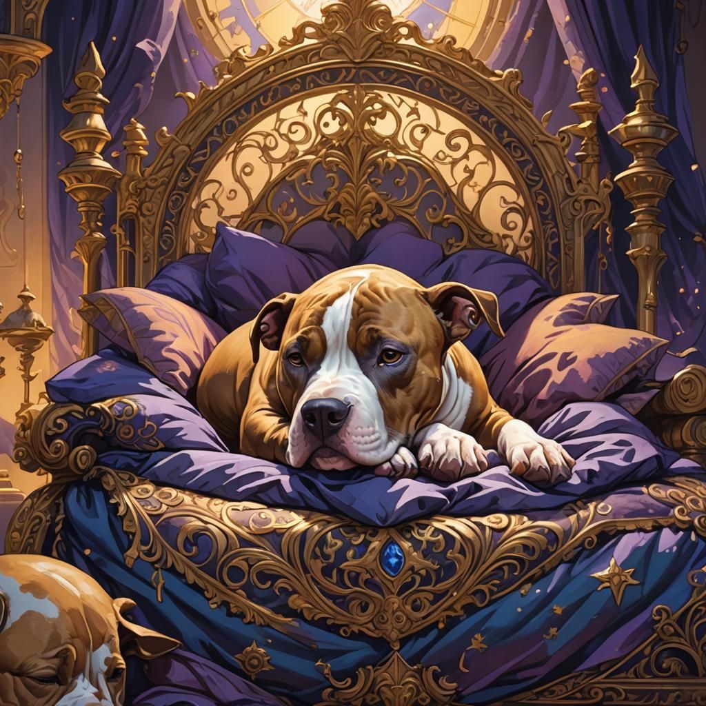 Pitbull dog sleeping in bed.