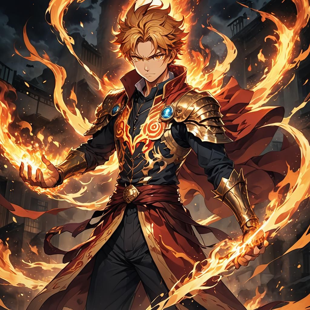 Young Fire Master in Anime Style with Fiery Auras