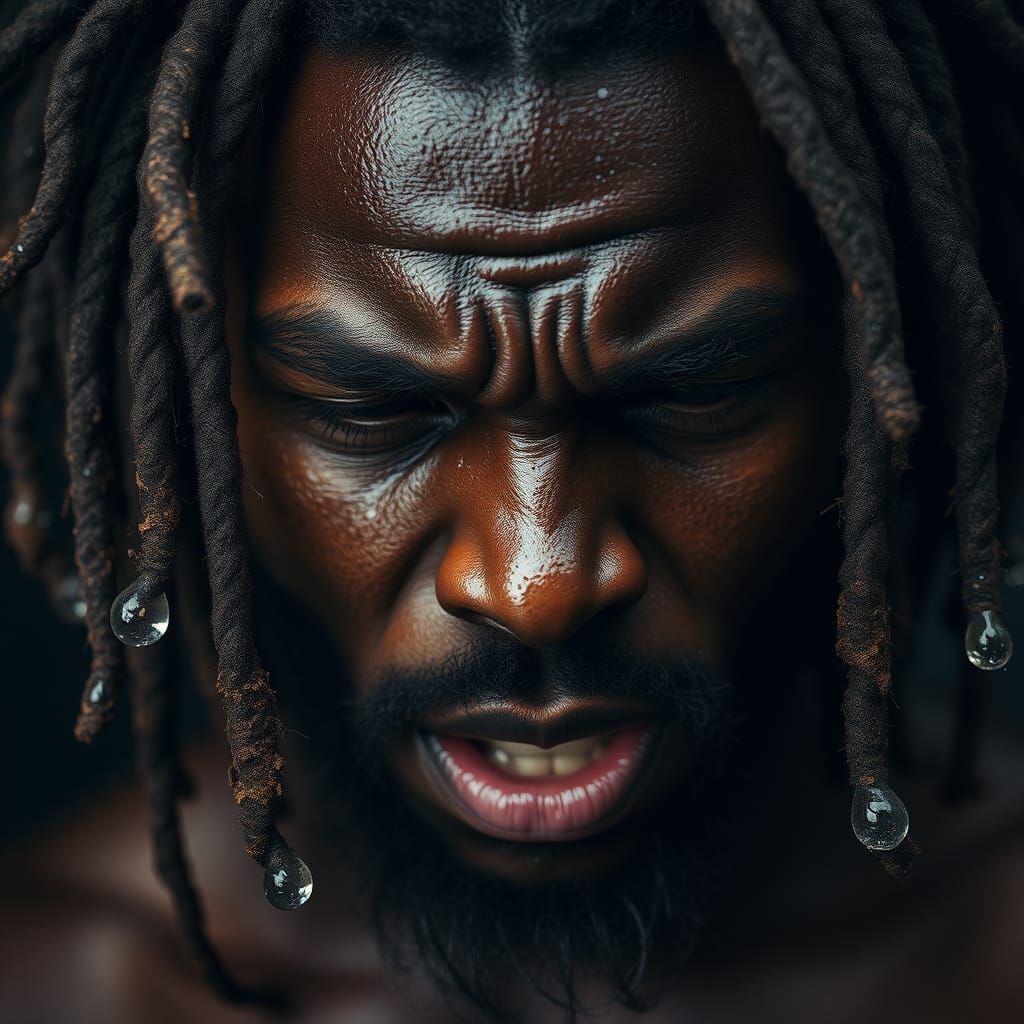 Hyperrealistic Sweaty Man Shakes Head in High Resolution