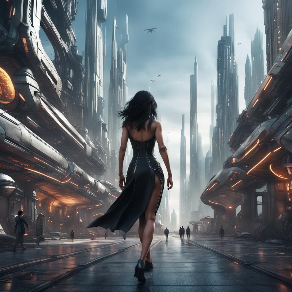 Woman Walks in Futuristic City: Digital Art
