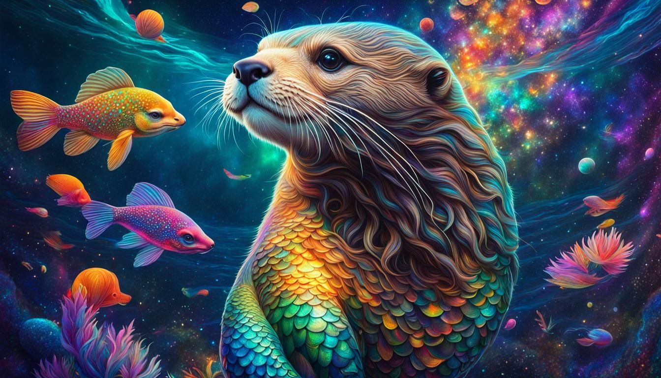 Otter Mermaid Hybrid in Holographic Astral Style