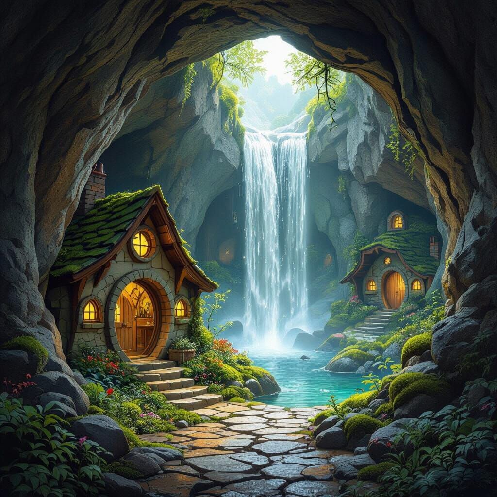Hobbit Cave House with Waterfall Entrance