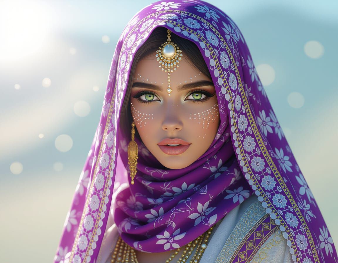 Bedouin Woman with Golden Pollen in Photorealistic Style