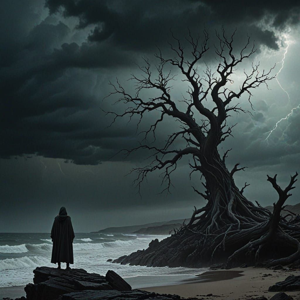 Dark Fantasy Figure Gazing at a Churning Sea