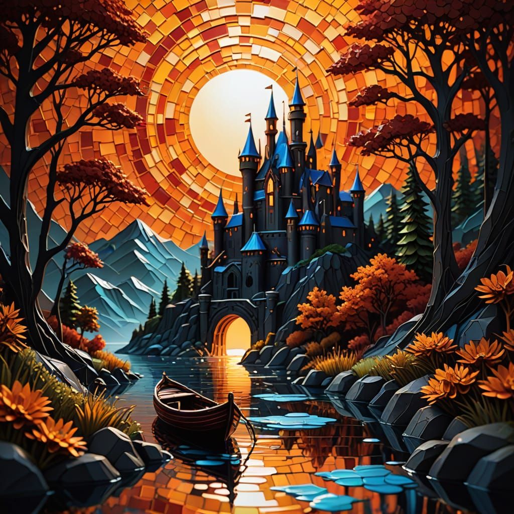Sunrise Over Forest Lake Castle in Detailed Metal Relief Art