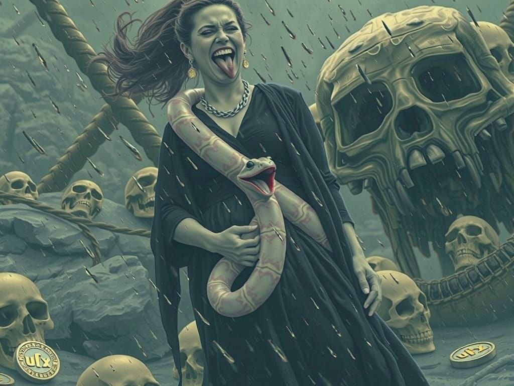 Gloom and Gore: Woman with Pink Eel and Skulls