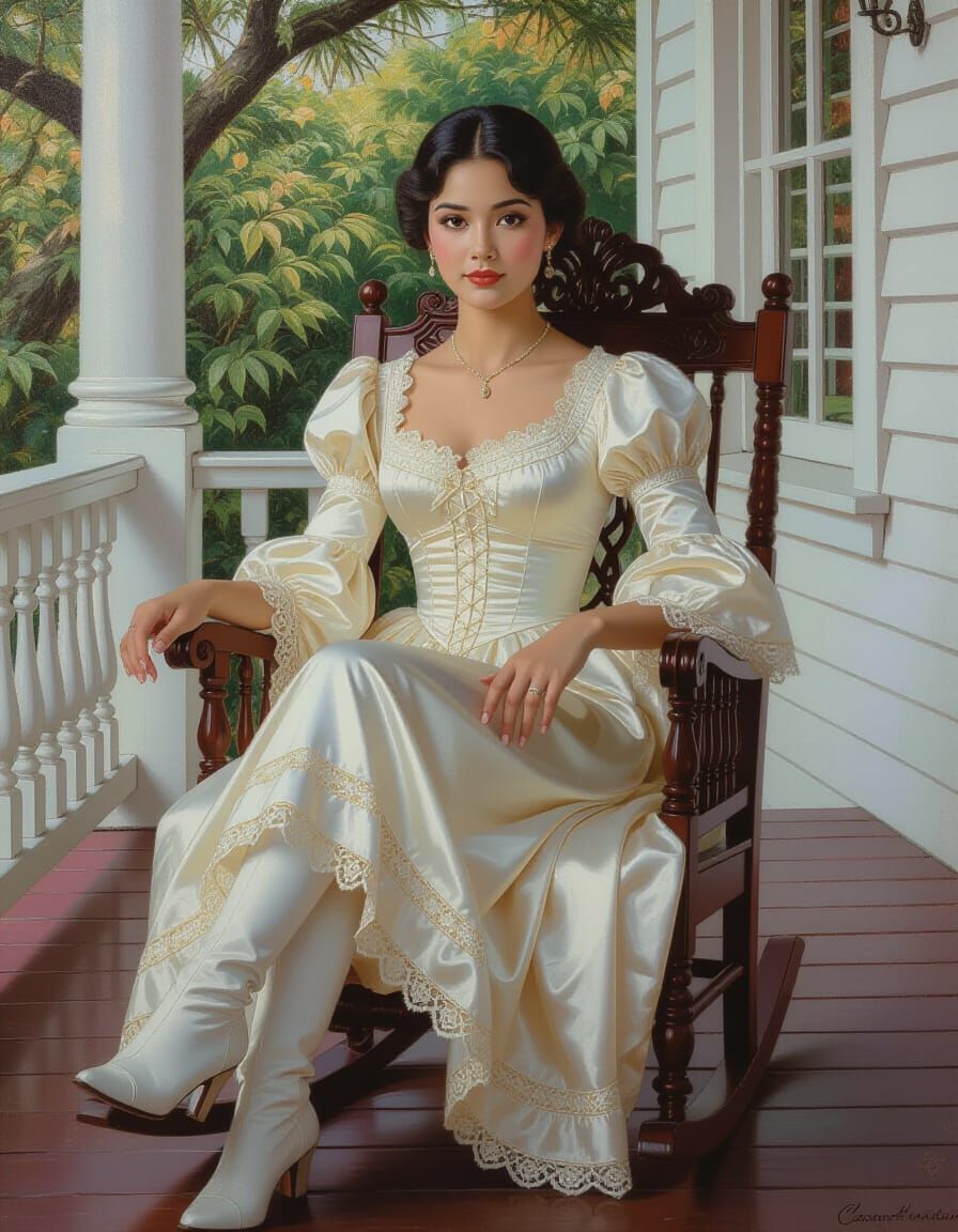 Elegant Indonesian Woman on Veranda as Oil Painting