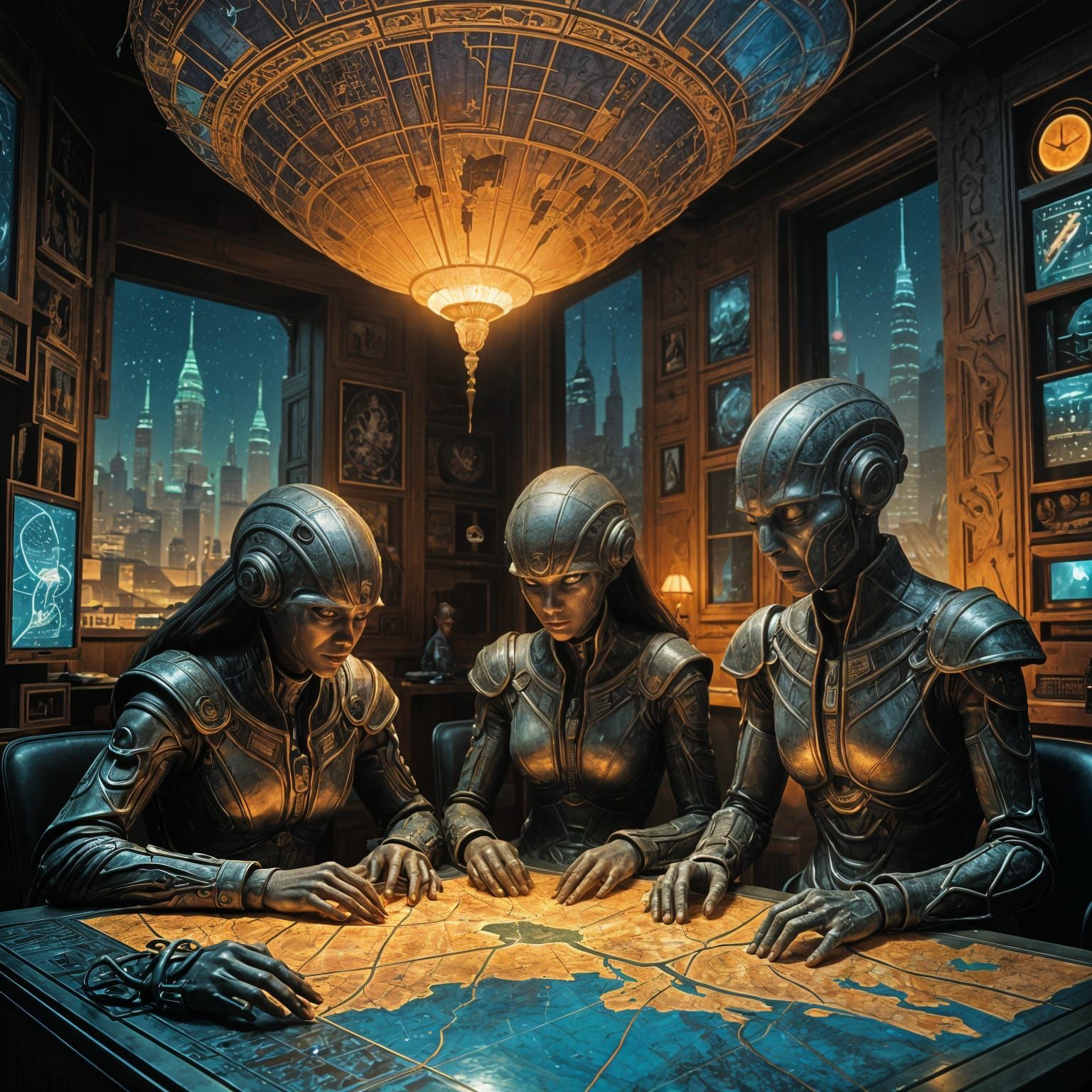 Alien Family Studies the Cosmos in Hyperrealistic Style