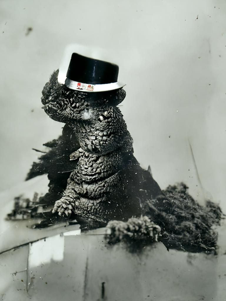 vintage photo of godzilla wearing a top hat