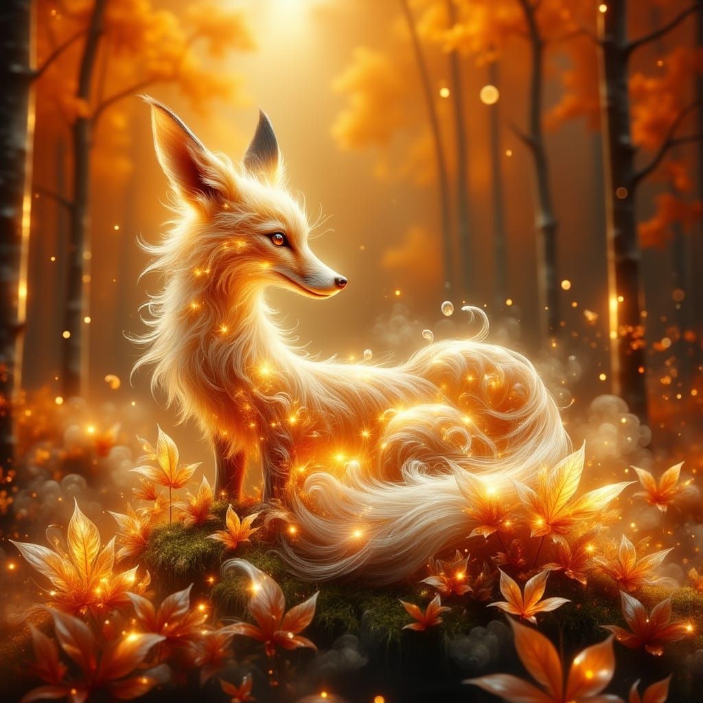 Glass Fox on Autumn Leaves in Magical Forest