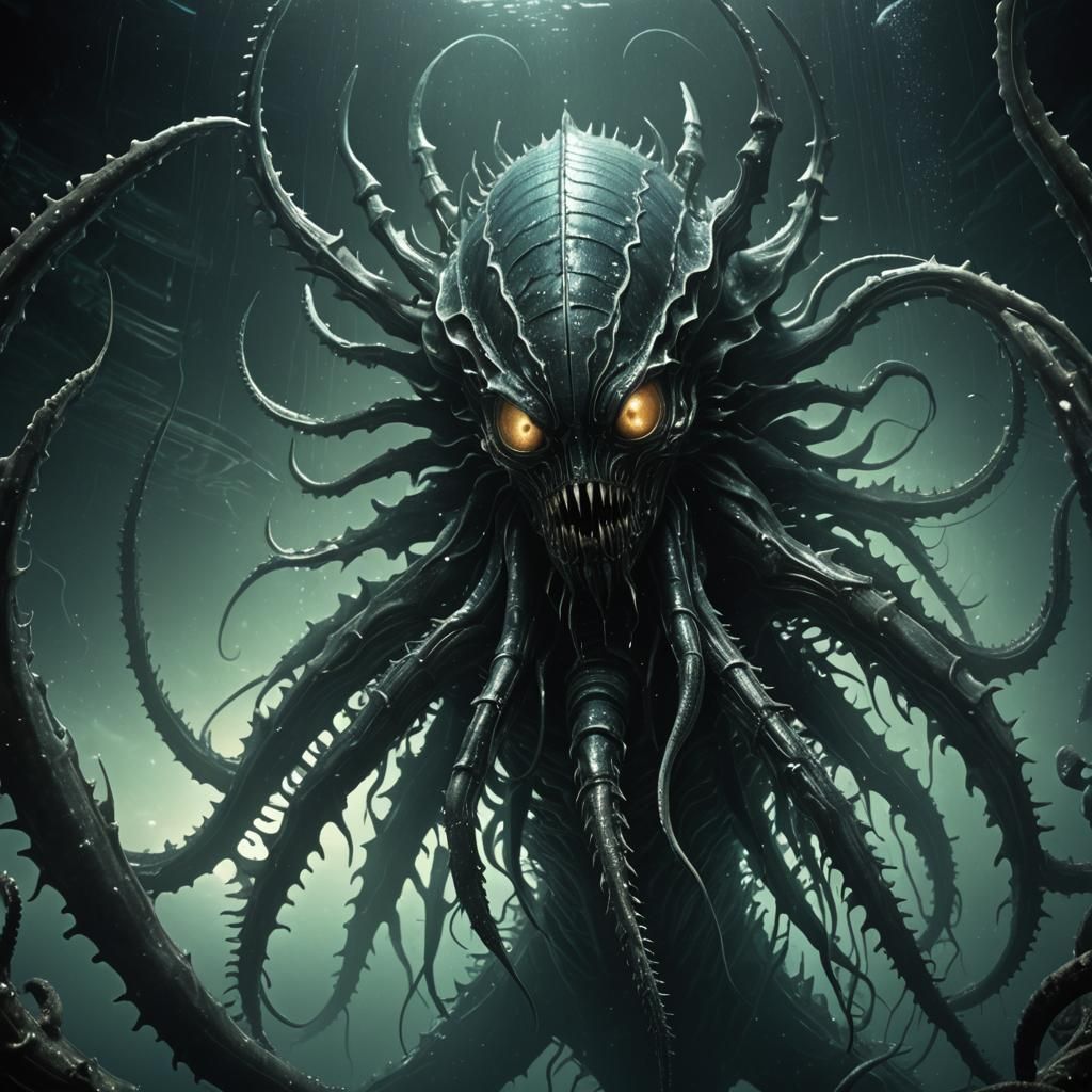 Deep Sea Monster in Bioluminescent Depths