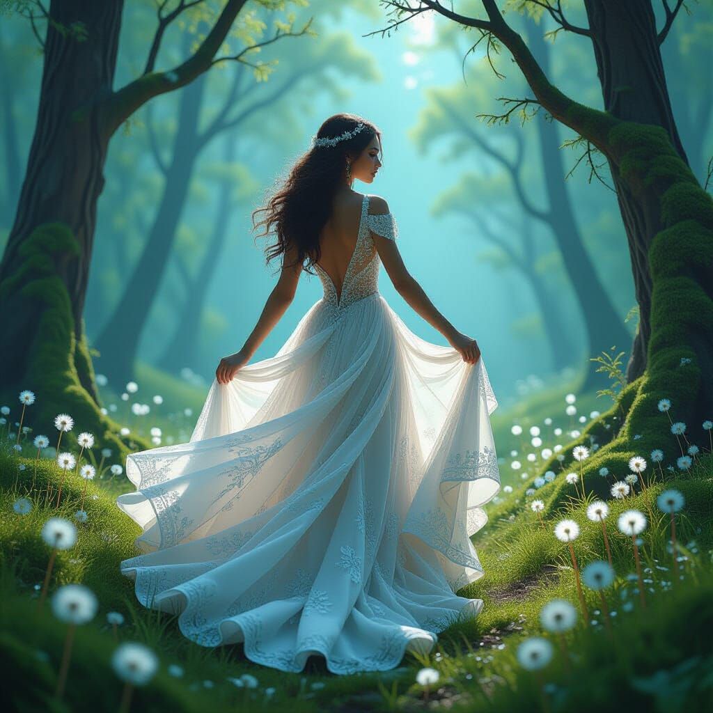 Filigree Woman in Bioluminescent Forest: Bio-Art Surrealism