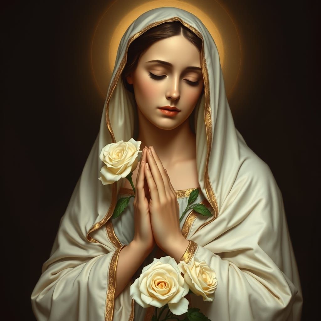 Serene Virgin Mary in Classical Art Style with Gold Trim and...