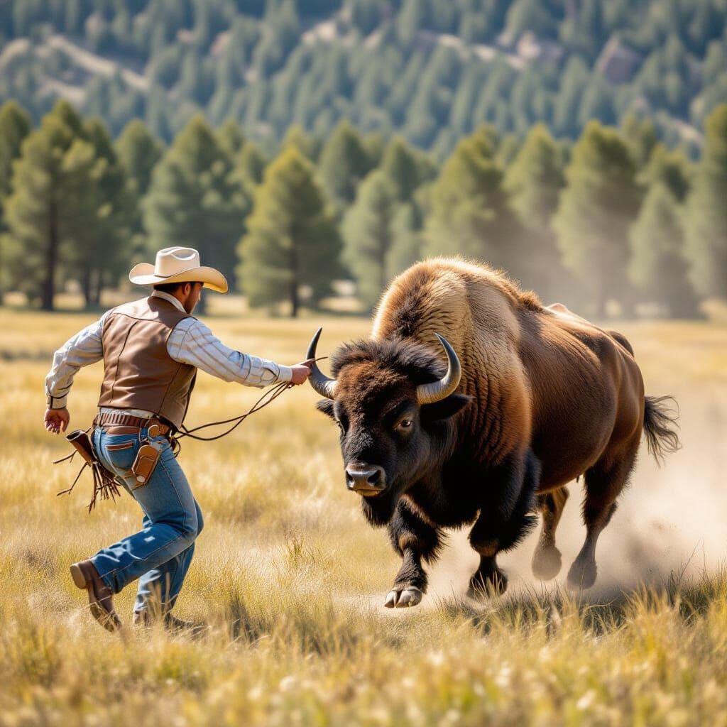 Cowboy Pursuing Buffalo on the Plains