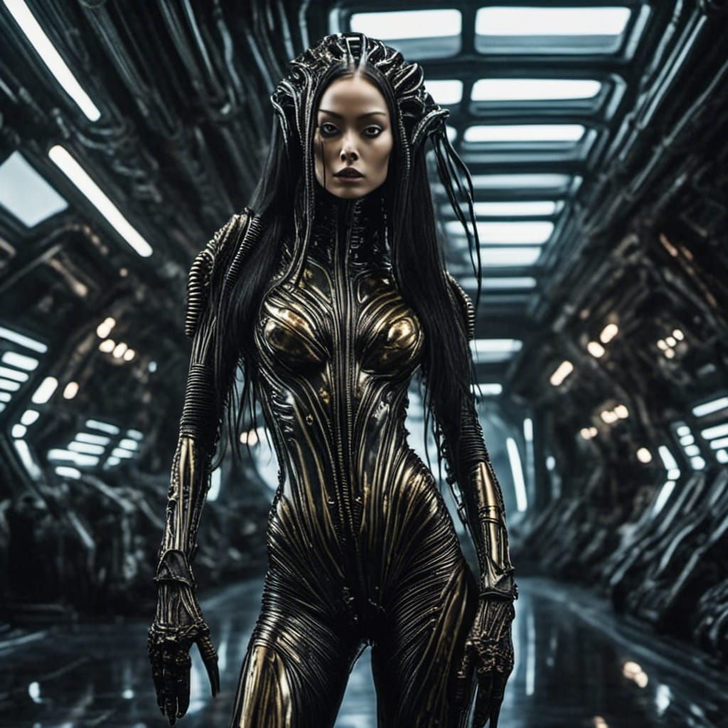 Alien Biopunk Woman in Latex with Alien Monster