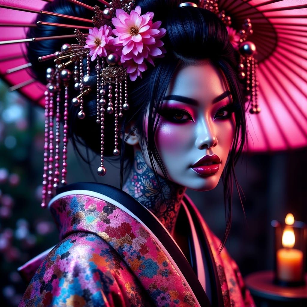 Neon Geisha Portrait in Hyper-Realistic Detail
