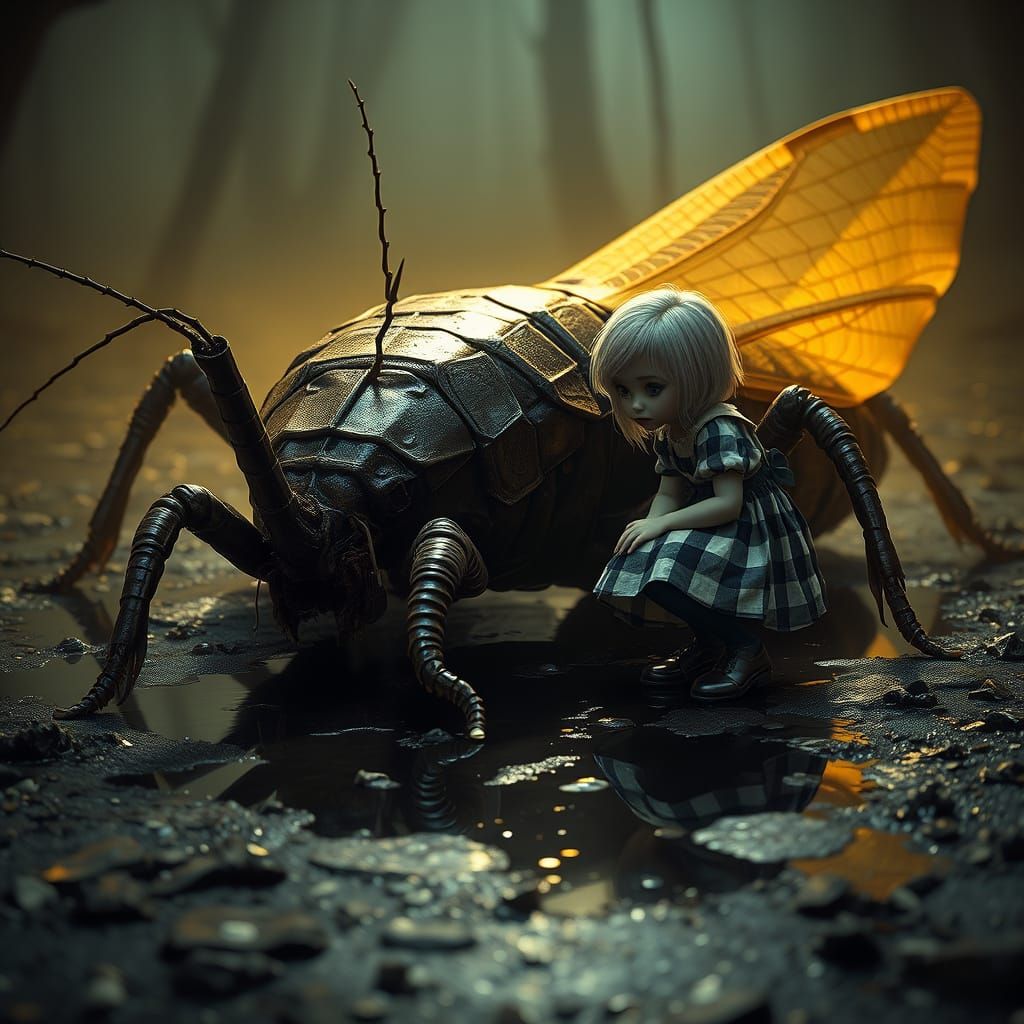 Girl Studies Mysterious Mole Cricket in Dark, Mystical Realm